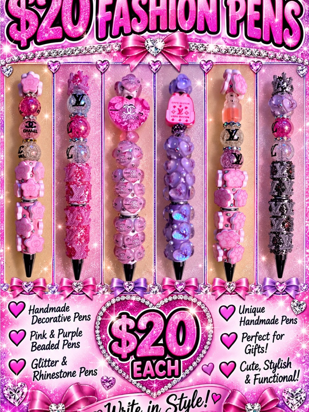 Handmade Pink and Purple Beaded Decorative Fashion Pens $20 Each